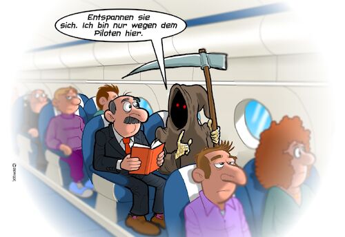 Cartoon: Tod Pilot (medium) by Chris Berger tagged tod,sensenmann,pilot,lienienflug,absturz,flugzeug,passagier,tod,sensenmann,pilot,lienienflug,absturz,flugzeug,passagier