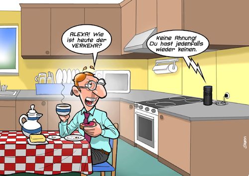 Cartoon: Verkehrsnachrichten (medium) by Joshua Aaron tagged alexa,verkehr,single,frühstück,küche,alexa,verkehr,single,frühstück,sex,küche