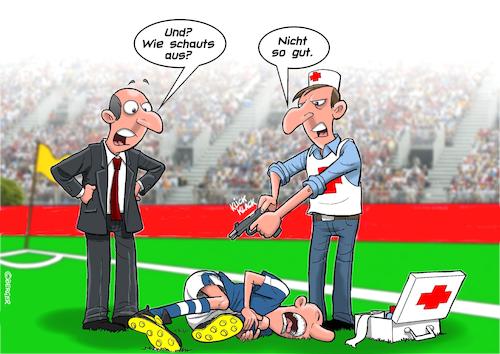 Cartoon: Verletzung (medium) by Joshua Aaron tagged spieler,verletzung,em,fussball,schiedsrichter,sanitäter,spieler,verletzung,em,fussball,schiedsrichter,sanitäter