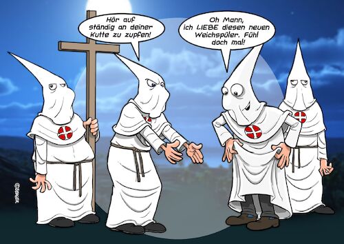 Cartoon: Weichspüler (medium) by Joshua Aaron tagged kkk,ku,klux,klan,weichspüler,waschmittel,kkk,ku,klux,klan,weichspüler,waschmittel