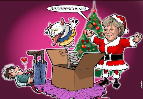 Cartoon: Weihnachtsgeschenk (medium) by Joshua Aaron tagged wirtschaftskrise,lockdown,pandemie,covid,corona,angi,merkel,wirtschaftskrise,lockdown,pandemie,covid,corona,angi,merkel