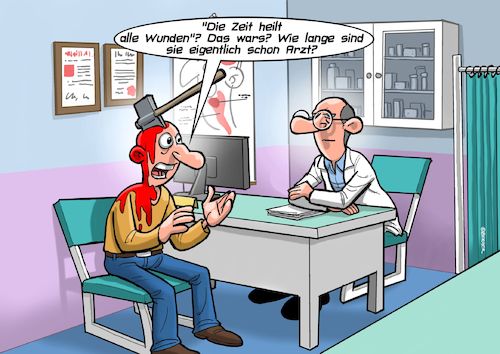 Cartoon: Zeit heilt (medium) by Joshua Aaron tagged arzt,verletzung,sinnsprüche,globuli,homöopathie,arzt,verletzung,sinnsprüche,globuli,homöopathie