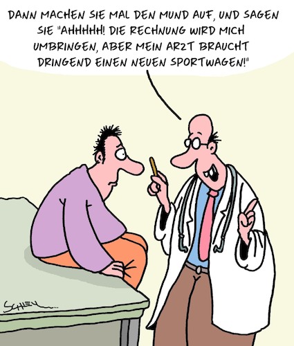 Cartoon: AHHHHH! (medium) by Karsten Schley tagged ärzte,patienten,gesundheit,rechnungen,geld,gesundheitskosten,zuzahlungen,sportwagen,krankenkassen,gesellschaft,politik,ärzte,patienten,gesundheit,rechnungen,geld,gesundheitskosten,zuzahlungen,sportwagen,krankenkassen,gesellschaft,politik