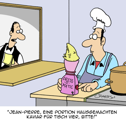 Cartoon: Alles hausgemacht! (medium) by Karsten Schley tagged gastronomie,ernährung,restaurants,köche,kaviar,fisch,hausgemacht,küche,kellner,gastronomie,ernährung,restaurants,köche,kaviar,fisch,hausgemacht,küche,kellner