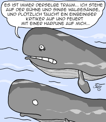 Cartoon: Alptraum (medium) by Karsten Schley tagged wale,walgesänge,alpträume,showbiz,ruhm,kritiker,medien,gesellschaft,wale,walgesänge,alpträume,showbiz,ruhm,kritiker,medien,gesellschaft