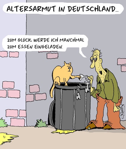 Cartoon: Altersarmut (medium) by Karsten Schley tagged geld,einkommen,rente,alter,armut,altersarmut,ernährung,gesundheit,tiere,katzen,geld,einkommen,rente,alter,armut,altersarmut,ernährung,gesundheit,tiere,katzen