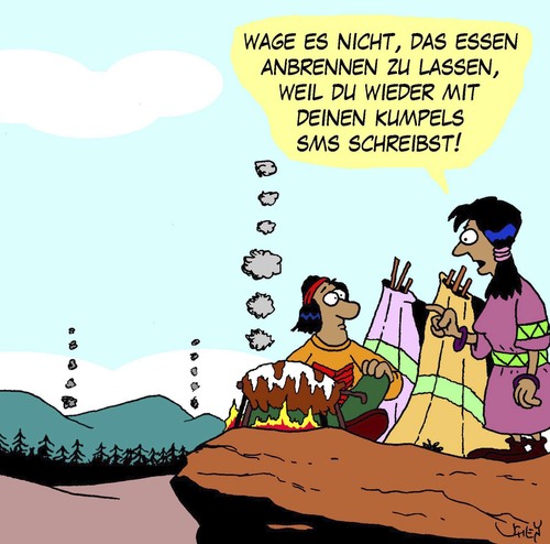 Cartoon: Anbrennen (medium) by Karsten Schley tagged ernährung,essen,grillen,natur,ureinwohner,usa,kommunikation,sms,computer,handy,iphone,freunde,ehe,familie,ernährung,essen,grillen,natur,ureinwohner,usa,kommunikation,sms,computer,handy,iphone,freunde,ehe,familie