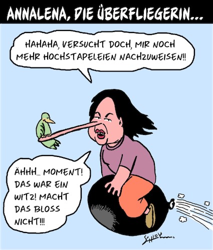 Cartoon: Annalena die Überfliegerin (medium) by Karsten Schley tagged baerbock,lebenslauf,hochstapelei,grüne,politik,wahlkampf,gesellschaft,deutschland,baerbock,lebenslauf,hochstapelei,grüne,politik,wahlkampf,gesellschaft,deutschland