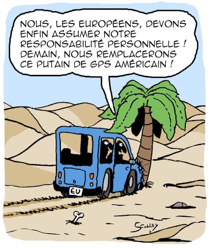 Cartoon: Auto-Responsabilite Europeenne (medium) by Karsten Schley tagged responsabilite,ue,politique,defense,militaire,otan,usa,technologie,societe,responsabilite,ue,politique,defense,militaire,otan,usa,technologie,societe