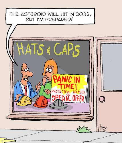 Cartoon: Be prepared! (medium) by Karsten Schley tagged asteroids,space,nasa,impact,nature,panic,media,science,research,society,asteroids,space,nasa,impact,nature,panic,media,science,research,society