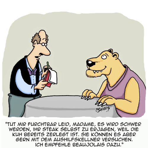 Cartoon: Beaujolais geht immer (medium) by Karsten Schley tagged ernährung,restaurants,gastronomie,getränke,wein,kellner,natur,tiere,löwen,ernährung,restaurants,gastronomie,getränke,wein,kellner,natur,tiere,löwen