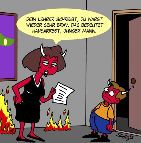 Cartoon: Brav (medium) by Karsten Schley tagged mütter,lehrer,eltern,schüler,schule,familie,religion,teufel,hölle,jugend,erziehung,strafe,söhne,schule,schüler,eltern,lehrer,mütter,söhne,strafe,erziehung,jugend,hölle,teufel,religion,familie