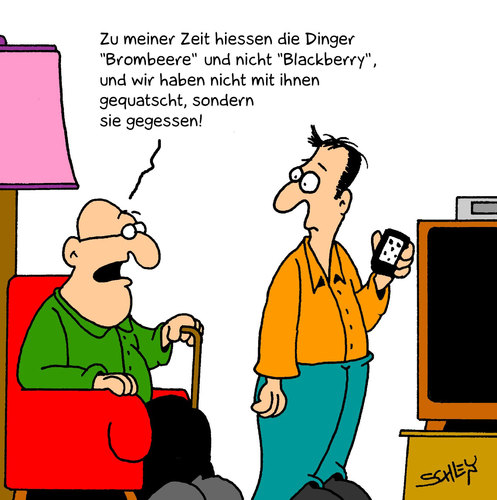 Cartoon: Brombeeren (medium) by Karsten Schley tagged gesellschaft,wirtschaft,technik,kommunikation,blackberry,gesellschaft,wirtschaft,technik,kommunikation,blackberry,telefon,handy,telefonieren,mobiltelefon,generationen,brombeere,entwicklung,fortschritt,alter,senioren,rentner,opa,oma,großeltern