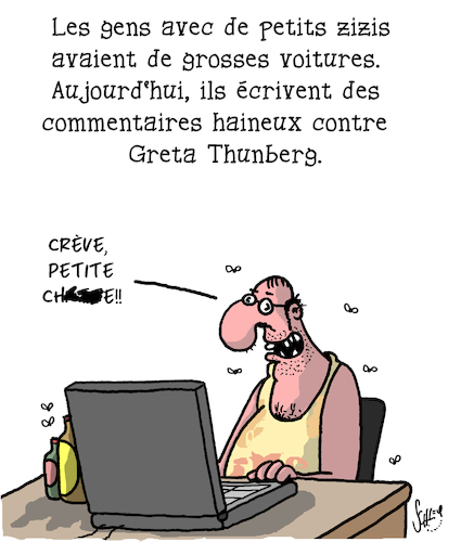 Cartoon: Commentaires Haineux (medium) by Karsten Schley tagged greta,thunberg,facebook,internet,haine,environnement,climat,greta,thunberg,facebook,internet,haine,environnement,climat