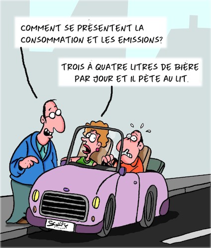 Cartoon: Consommation et emissions (medium) by Karsten Schley tagged voitures,trafic,environnement,consommation,emissions,femmes,hommes,technologie,voitures,trafic,environnement,consommation,emissions,femmes,hommes,technologie