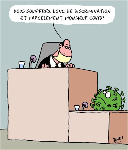 Cartoon: Covid en Cour! (medium) by Karsten Schley tagged covid19,justice,sante,discrimination,crime,politique,covid19,justice,sante,discrimination,crime,politique