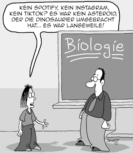 Cartoon: Darum starben die Dinos (medium) by Karsten Schley tagged dinosaurier,biologie,geschichte,schule,lehrer,jugend,internet,social,media,bildung,gesellschaft,dinosaurier,biologie,geschichte,schule,lehrer,jugend,internet,social,media,bildung,gesellschaft