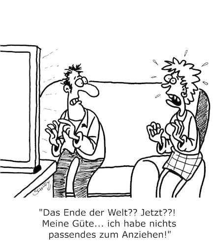 Cartoon: Das ist das Ende (medium) by Karsten Schley tagged männer,frauen,beziehungen,kleidung,mode,weltuntergang,das,männer,frauen,beziehungen,kleidung,mode,weltuntergang