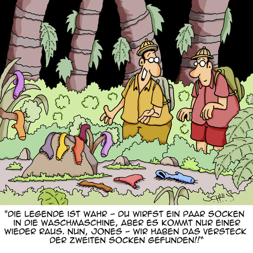 Cartoon: Das Rätsel ist gelöst! (medium) by Karsten Schley tagged legenden,mythen,socken,wissenschaft,natur,urwald,wissenschaftler,forschung,entdeckungen,legenden,mythen,socken,wissenschaft,natur,urwald,wissenschaftler,forschung,entdeckungen