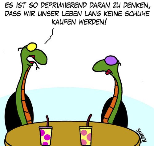 Cartoon: Deprimierend (medium) by Karsten Schley tagged mode,frauen,mädchen,konsum,schuhe,handel,onlinehandel,depressionen,gesundheit,tiere,schlangen,freizeit