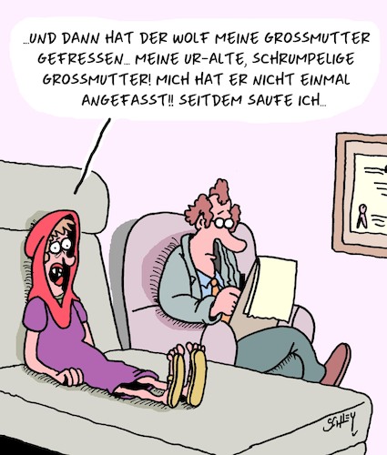 Cartoon: Der große böse Wolf (medium) by Karsten Schley tagged rotkäppchen,psychiater,märchen,filme,literatur,medien,frauen,unterhaltung,gesellschaft,rotkäppchen,psychiater,märchen,filme,literatur,medien,frauen,unterhaltung,gesellschaft