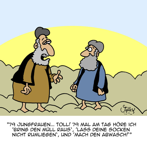 Cartoon: Die Frauen nun wieder... (medium) by Karsten Schley tagged terror,muslime,islam,religion,glauben,paradies,jungfrauen,männer,terror,muslime,islam,religion,glauben,paradies,jungfrauen,männer