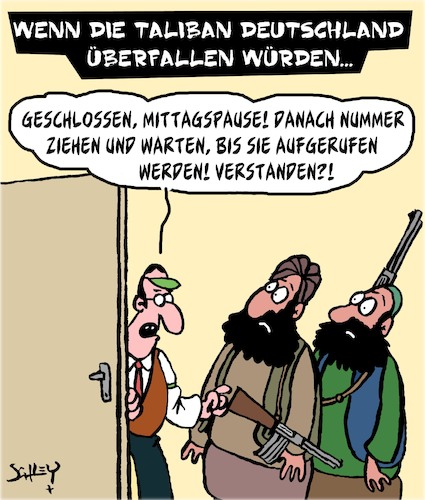 Cartoon: Die Taliban in Deutschland (medium) by Karsten Schley tagged taliban,afghanistan,religion,islam,krieg,nato,politik,deutschland,bürokratie,gesellschaft,taliban,afghanistan,religion,islam,krieg,nato,politik,deutschland,bürokratie,gesellschaft