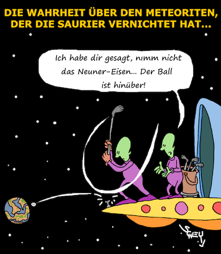 Cartoon: Die Wahrheit!! (medium) by Karsten Schley tagged golf,sport,geschichte,prähistorisches,dinosaurier,meteoriten,weltraum,aliens,wissenschaft,forschung,golf,sport,geschichte,prähistorisches,dinosaurier,meteoriten,weltraum,aliens,wissenschaft,forschung