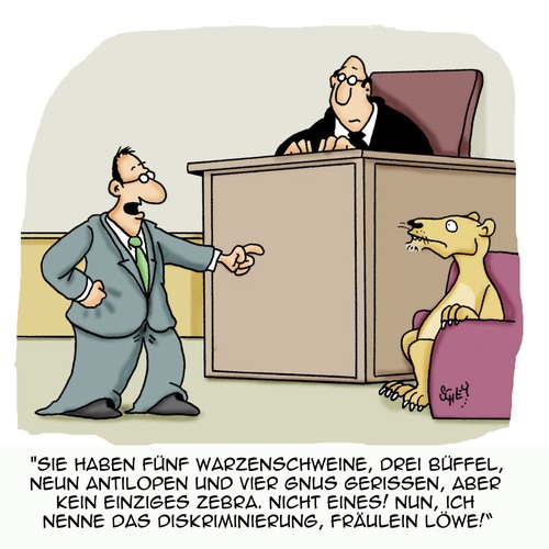 Cartoon: DISKRIMINIERUNG!!! (medium) by Karsten Schley tagged anwälte,gerichte,recht,justiz,diskriminierung,natur,tiere,raubtiere,jagd,anwälte,gerichte,recht,justiz,diskriminierung,natur,tiere,raubtiere,jagd