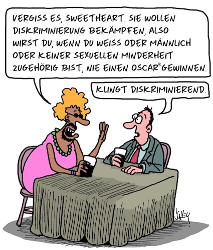 Cartoon: Diskriminierung (medium) by Karsten Schley tagged oscars,diskriminierung,männer,frauen,filme,unterhaltung,politik,gesellschaft,medien,oscars,diskriminierung,männer,frauen,sex,filme,unterhaltung,politik,gesellschaft,medien