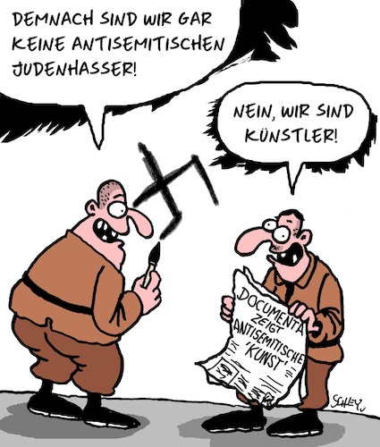 Cartoon: Documenta (medium) by Karsten Schley tagged documenta,kunst,antisemitismus,medien,deutschland,gesellschaft,documenta,kunst,antisemitismus,medien,deutschland,gesellschaft