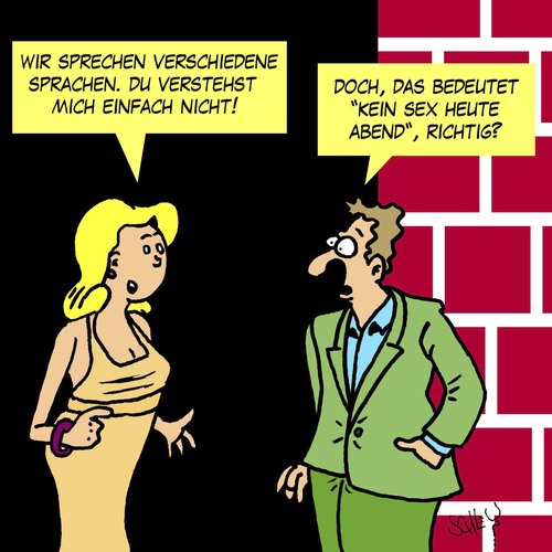 Cartoon: Du verstehst mich nicht! (medium) by Karsten Schley tagged männer,frauen,kommunikation,beziehungen,liebe,ehe,sprache,verständnis,männer,frauen,kommunikation,beziehungen,liebe,ehe,sprache,sex,verständnis