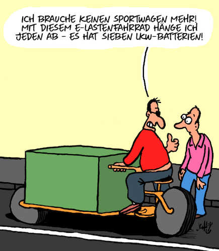 Cartoon: E-Bike (medium) by Karsten Schley tagged elektrofahrräder,autos,verkehr,umwelt,energie,klima,transport,politik,technik,gesellschaft,elektrofahrräder,autos,verkehr,umwelt,energie,klima,transport,politik,technik,gesellschaft