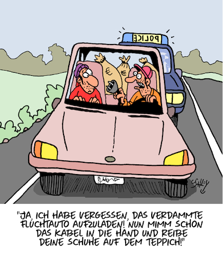 Cartoon: E-Fluchtauto (medium) by Karsten Schley tagged emobilität,verbrennerverbot,antriebe,technik,autos,politik,eu,verkehr,verbotspolitik,umweltschutz,klima,gesellschaft,emobilität,verbrennerverbot,antriebe,technik,autos,politik,eu,verkehr,verbotspolitik,umweltschutz,klima,gesellschaft