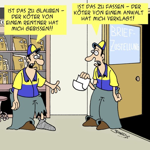 Cartoon: Ein harter Job! (medium) by Karsten Schley tagged deutsche,post,briefzustellung,hunde,tiere,jobs,gesundheit,briefträger,deutsche,post,briefzustellung,hunde,tiere,jobs,gesundheit,briefträger
