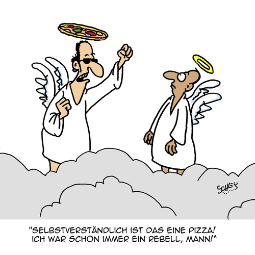 Cartoon: Ein Rebell (medium) by Karsten Schley tagged himmel,hölle,religion,christentum,engel,tod,rebellion,rebellen,individualismus,bibel,pizza,fastfood,himmel,hölle,religion,christentum,engel,tod,rebellion,rebellen,individualismus,bibel,pizza,fastfood