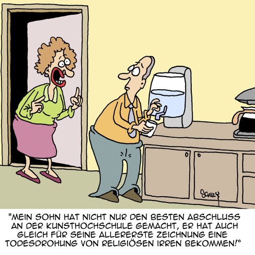 Cartoon: Ein wahrer Künstler!! (medium) by Karsten Schley tagged kunst,kunsthochschulen,schulabschluss,religion,kriminalität,todesdrohung,erfolg,mütter,söhne,familie,büro,kunst,kunsthochschulen,schulabschluss,religion,kriminalität,todesdrohung,erfolg,mütter,söhne,familie,büro