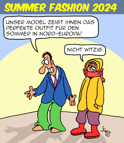 Cartoon: Endlich Sommer (medium) by Karsten Schley tagged sommer,natur,nordeuropa,deutschland,kälte,temperaturen,regen,wetter,mode,tourismus,medien,gesellschaft,sommer,natur,nordeuropa,deutschland,kälte,temperaturen,regen,wetter,mode,tourismus,medien,gesellschaft