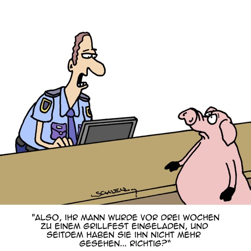 Cartoon: Er ist weg!! (medium) by Karsten Schley tagged familie,ehe,liebe,beziehungen,tiere,schweine,ernährung,essen,gesetz,justiz,polizei,gesellschaft,familie,ehe,liebe,beziehungen,tiere,schweine,ernährung,essen,gesetz,justiz,polizei,gesellschaft