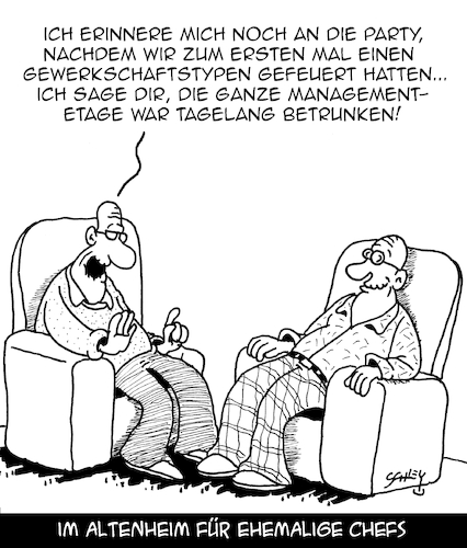 Cartoon: Erinnerungen (medium) by Karsten Schley tagged rente,rentner,chefs,management,entlassungen,gewerkschaften,wirtschaft,business,zeit,alter,gesellschaft,rente,rentner,chefs,management,entlassungen,gewerkschaften,wirtschaft,business,zeit,alter,gesellschaft