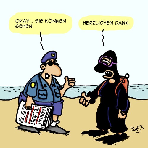 Cartoon: Erlaubt!! (medium) by Karsten Schley tagged burkinis,religion,frankreich,terrorismus,frauen,menschenrechte,freiheit,demokratie,politik,europa,burkinis,religion,frankreich,terrorismus,frauen,menschenrechte,freiheit,demokratie,politik,europa