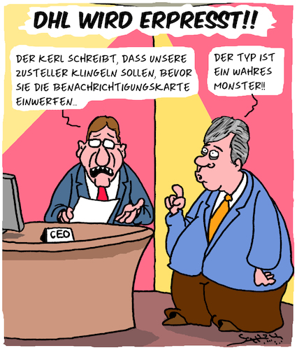 Cartoon: Erpressung!! (medium) by Karsten Schley tagged dhl,erpressung,paketzustellung,transport,verbrechen,konzerne,post,wirtschaft,business,deutschland,dhl,erpressung,paketzustellung,transport,verbrechen,konzerne,post,wirtschaft,business,deutschland