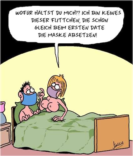 Cartoon: Es fallen die Masken (medium) by Karsten Schley tagged männer,frauen,coronavirus,covid19,dating,liebe,beziehungen,masken,gesellschaft,politik,männer,frauen,coronavirus,covid19,dating,liebe,sex,beziehungen,masken,gesellschaft,politik