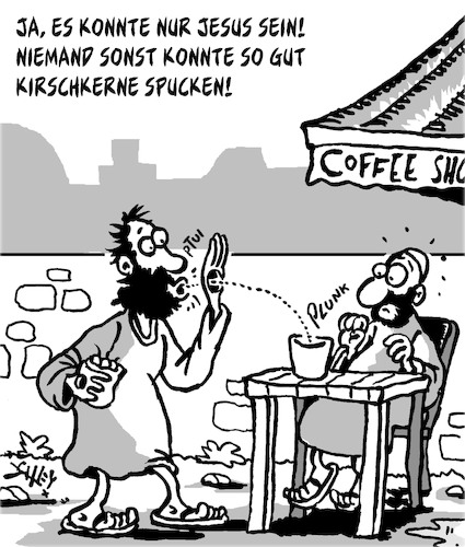 Cartoon: Es ist JESUS!! (medium) by Karsten Schley tagged jesus,christentum,katholizismus,geschichte,cafes,kirschen,talent,glaube,religion,gesellschaft,jesus,christentum,katholizismus,geschichte,cafes,kirschen,talent,glaube,religion,gesellschaft