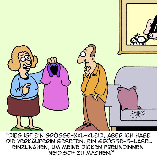 Cartoon: Es kommt DOCH auf die Grösse an (medium) by Karsten Schley tagged frauen,männer,mode,bekleidung,shopping,freundschaft,ego,angeben,gewicht,schönheit,frauen,männer,mode,bekleidung,shopping,freundschaft,ego,angeben,gewicht,schönheit