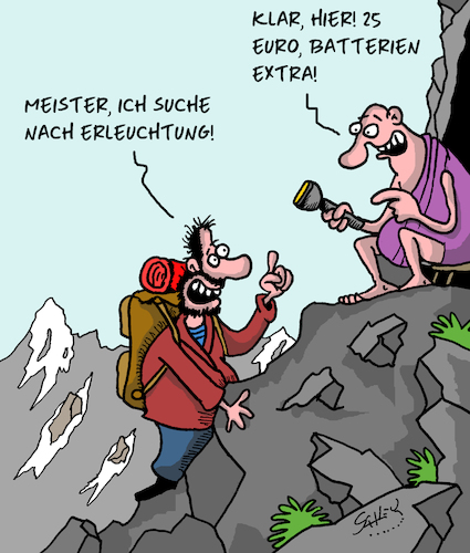 Cartoon: Es werde Licht (medium) by Karsten Schley tagged esoterik,glaube,spiritualität,aberglaube,erleuchtung,gurus,marketing,business,religion,philosophie,sinnsuche,labilität,gesellschaft,esoterik,glaube,spiritualität,aberglaube,erleuchtung,gurus,marketing,business,religion,philosophie,sinnsuche,labilität,gesellschaft