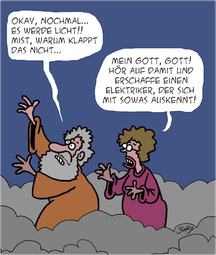 Cartoon: Es werde Licht! (medium) by Karsten Schley tagged gott,männer,frauen,technik,handwerker,fachleute,bibel,schöpfung,religion,gesellschaft,gott,männer,frauen,technik,handwerker,fachleute,bibel,schöpfung,religion,gesellschaft