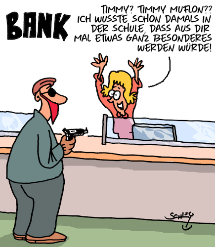 Cartoon: Etwas besonderes (medium) by Karsten Schley tagged schule,karriere,jobs,kriminalität,leben,banken,bankraub,zukunft,gesellschaft,schule,karriere,jobs,kriminalität,leben,banken,bankraub,zukunft,gesellschaft