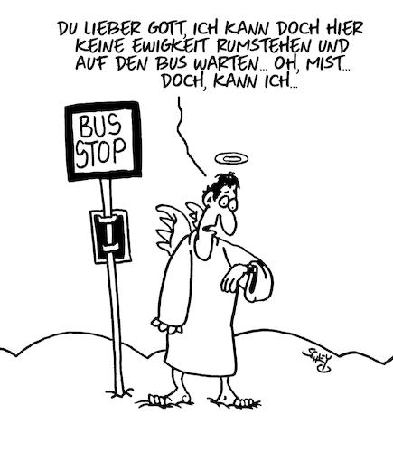 Cartoon: Ewigkwit (medium) by Karsten Schley tagged öpnv,busse,pünktlichkeit,zuverlässigkeit,fahrpläne,verspätungen,religion,christentum,himmel,engel,gesellschaft,öpnv,busse,pünktlichkeit,zuverlässigkeit,fahrpläne,verspätungen,religion,christentum,himmel,engel,gesellschaft