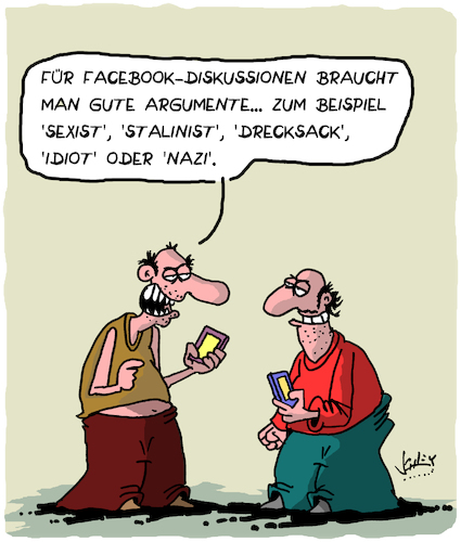 Cartoon: Facebook-Diskussionen (medium) by Karsten Schley tagged facebook,diskussionen,argumente,internet,computer,sprache,primitivität,kultur,gesellschaft,facebook,diskussionen,argumente,internet,computer,sprache,primitivität,kultur,gesellschaft